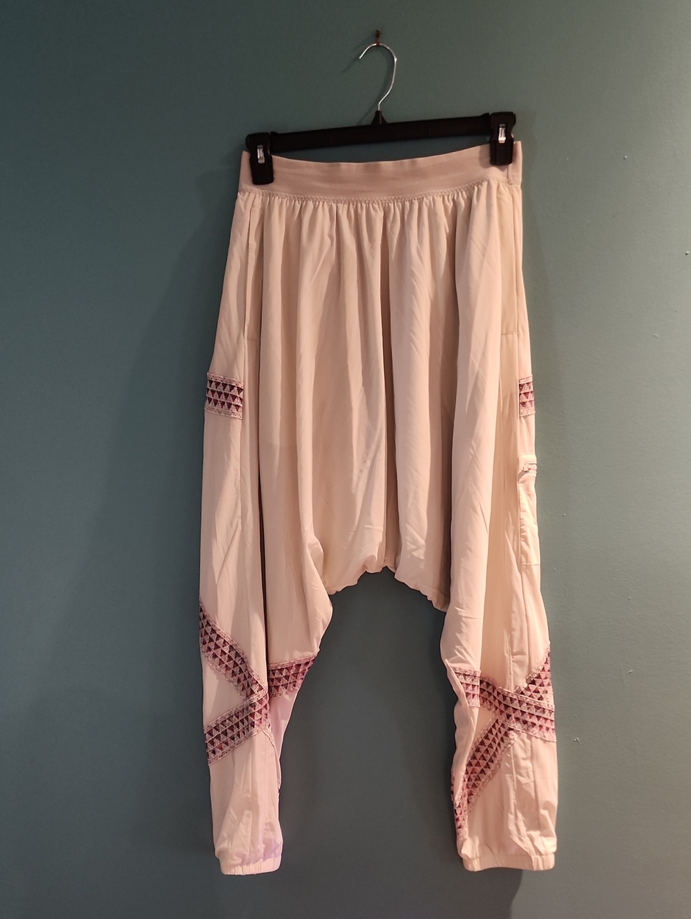 FP Movement by Free People Cream Harem Jumpsuit Pants with Pink Embroidery
